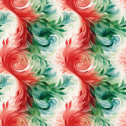 coral red, forest green, teal blue, cream white, watercolor swirls, flowing spirals, abstract pattern, seamless design, painterly style, christmas colors, holiday fabric, quilting cotton, fabric panel, organic movement, fluid brushstrokes, festive palette, artistic swirls, decorative motifs, winter theme, craft fabric