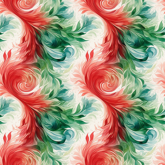 coral red, forest green, teal blue, cream white, watercolor swirls, flowing spirals, abstract pattern, seamless design, painterly style, christmas colors, holiday fabric, quilting cotton, fabric panel, organic movement, fluid brushstrokes, festive palette, artistic swirls, decorative motifs, winter theme, craft fabric