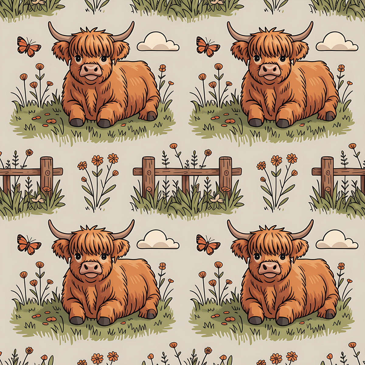 highland cows, cartoon style, brown cattle, orange fur, pastoral scene, wooden fence, wildflowers, butterflies, green grass, clouds, repeating pattern, quilting cotton, fabric panel, farm animals, countryside, cute illustration, beige background, nature motifs, whimsical design, scottish cattle