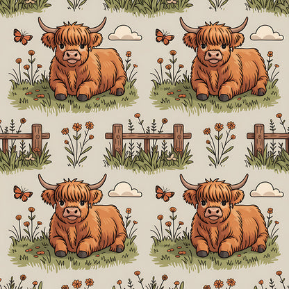 Cartoon Highland Cows Pattern 1 Quilting Cotton Fabric