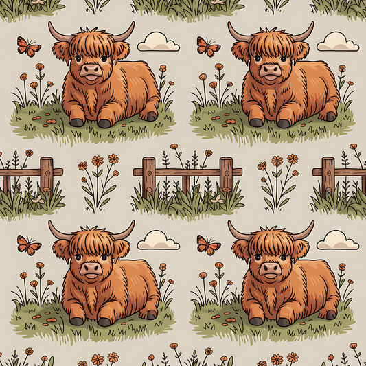 Cartoon Highland Cows Pattern 1 Quilting Cotton Fabric