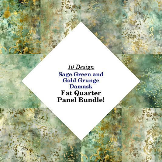 Sage Green and Gold Grunge Damask Fat Quarter Bundle