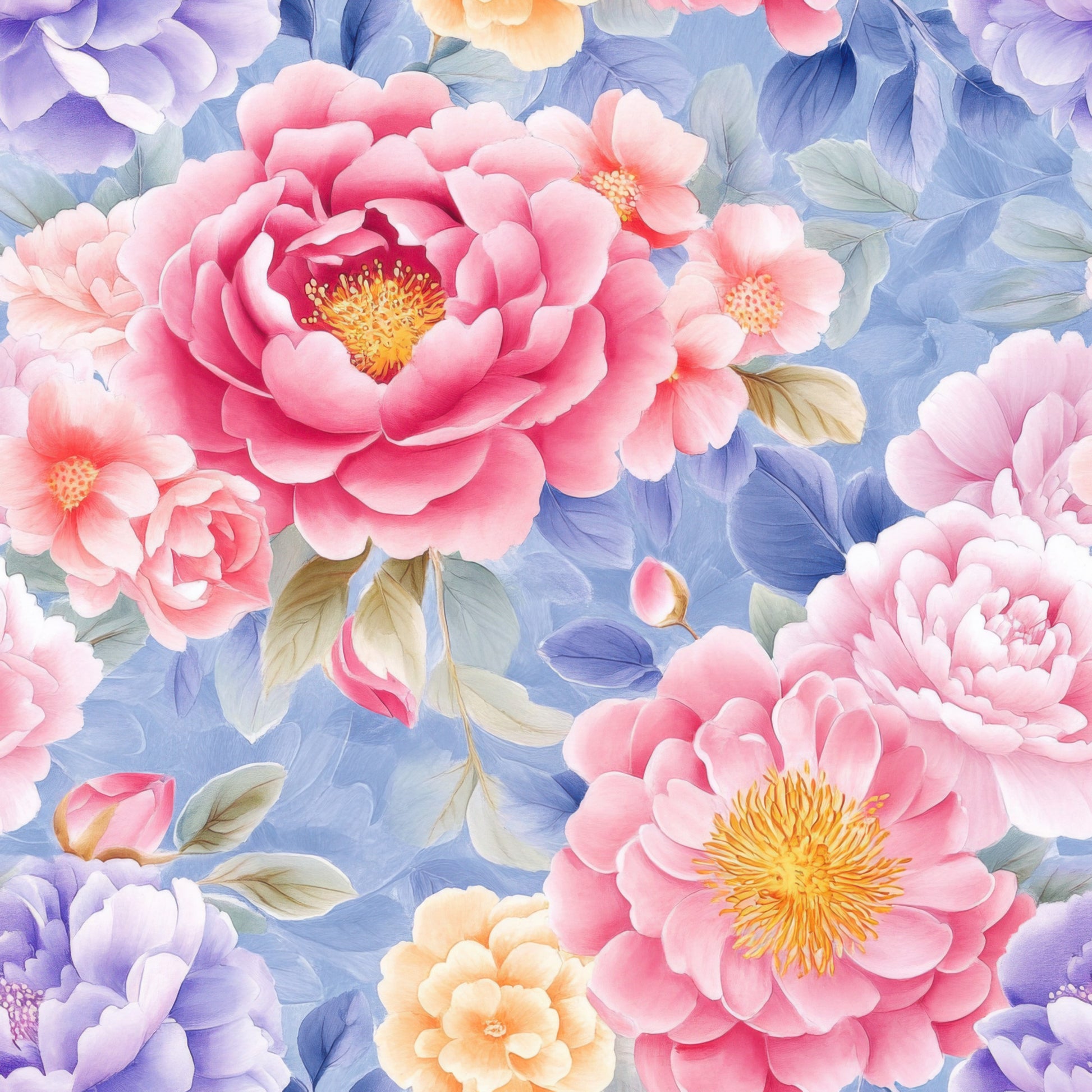 japanese floral, pink peonies, coral flowers, blue leaves, purple blooms, watercolor style, botanical pattern, quilting cotton, fabric panel, soft pastels, floral motifs, asian inspired, delicate petals, layered flowers, romantic mood, spring florals, feminine design, crafting material, sewing fabric