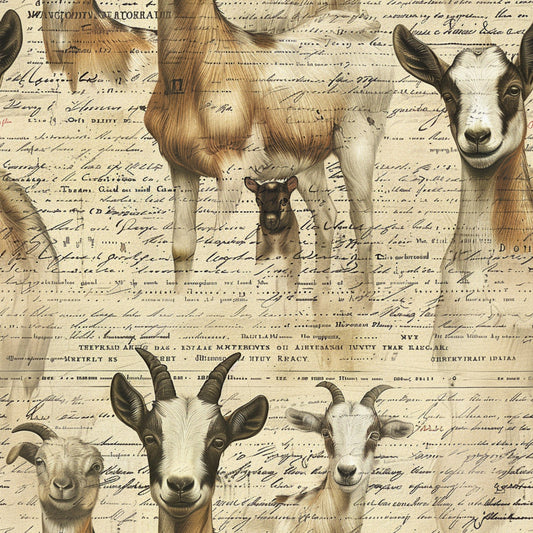 farm animals, goats, vintage script, sepia tones, brown, cream, beige, handwritten text, pastoral scene, agricultural theme, quilting cotton, fabric panel, rustic style, country living, barnyard animals, horned goats, aged paper background, farmhouse aesthetic, animal portraits, rural life