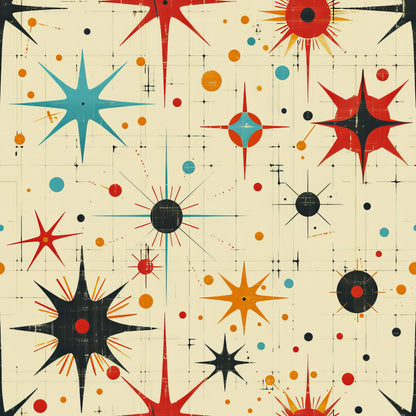 retro starburst, mid-century modern, atomic age, geometric pattern, cream background, red orange blue, teal accents, black elements, radiating stars, sunburst motifs, circular designs, grid lines, dots scattered, space age, vintage inspired, quilting cotton, fabric panel, 1950s style, angular shapes, cosmic theme