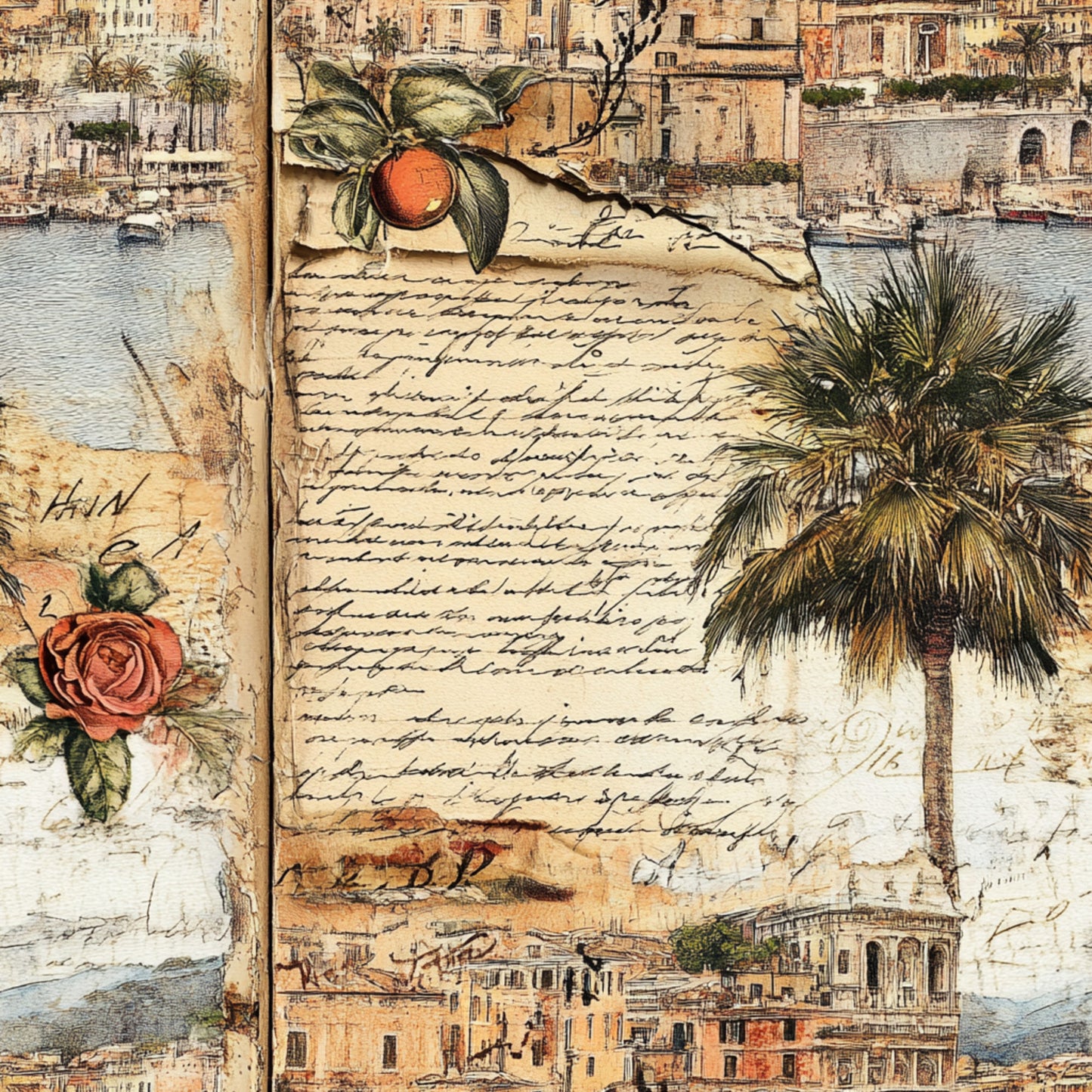 vintage postcards, travel themed, mediterranean architecture, palm trees, orange fruit, rose florals, handwritten script, sepia tones, beige background, coastal scenes, botanical elements, old world maps, weathered textures, quilting cotton, fabric panel, antique style, european buildings, harbor views, cursive writing, nostalgic imagery