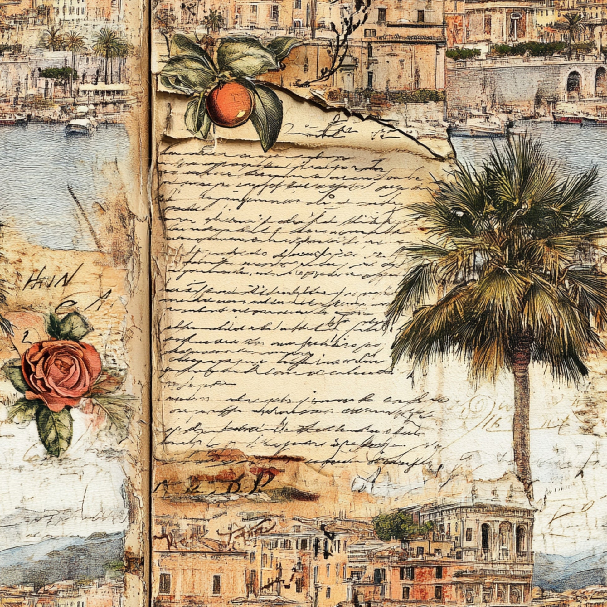 vintage postcards, travel themed, mediterranean architecture, palm trees, orange fruit, rose florals, handwritten script, sepia tones, beige background, coastal scenes, botanical elements, old world maps, weathered textures, quilting cotton, fabric panel, antique style, european buildings, harbor views, cursive writing, nostalgic imagery