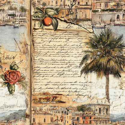 vintage postcards, travel themed, mediterranean architecture, palm trees, orange fruit, rose florals, handwritten script, sepia tones, beige background, coastal scenes, botanical elements, old world maps, weathered textures, quilting cotton, fabric panel, antique style, european buildings, harbor views, cursive writing, nostalgic imagery