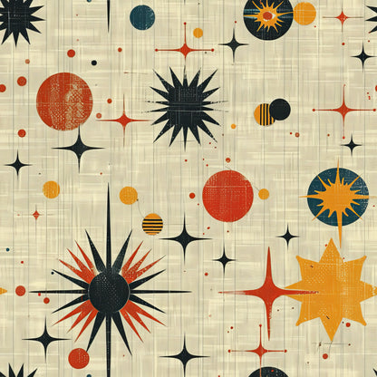 retro starburst, mid-century modern, atomic age, orange, red, teal, black, cream, beige, geometric shapes, sunburst design, star patterns, celestial motifs, space age, vintage style, quilting cotton, fabric panel, 1950s inspired, atomic design, radiating lines