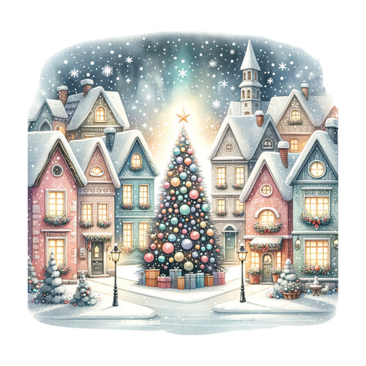Watercolor Christmas Village Fabric Panel 4