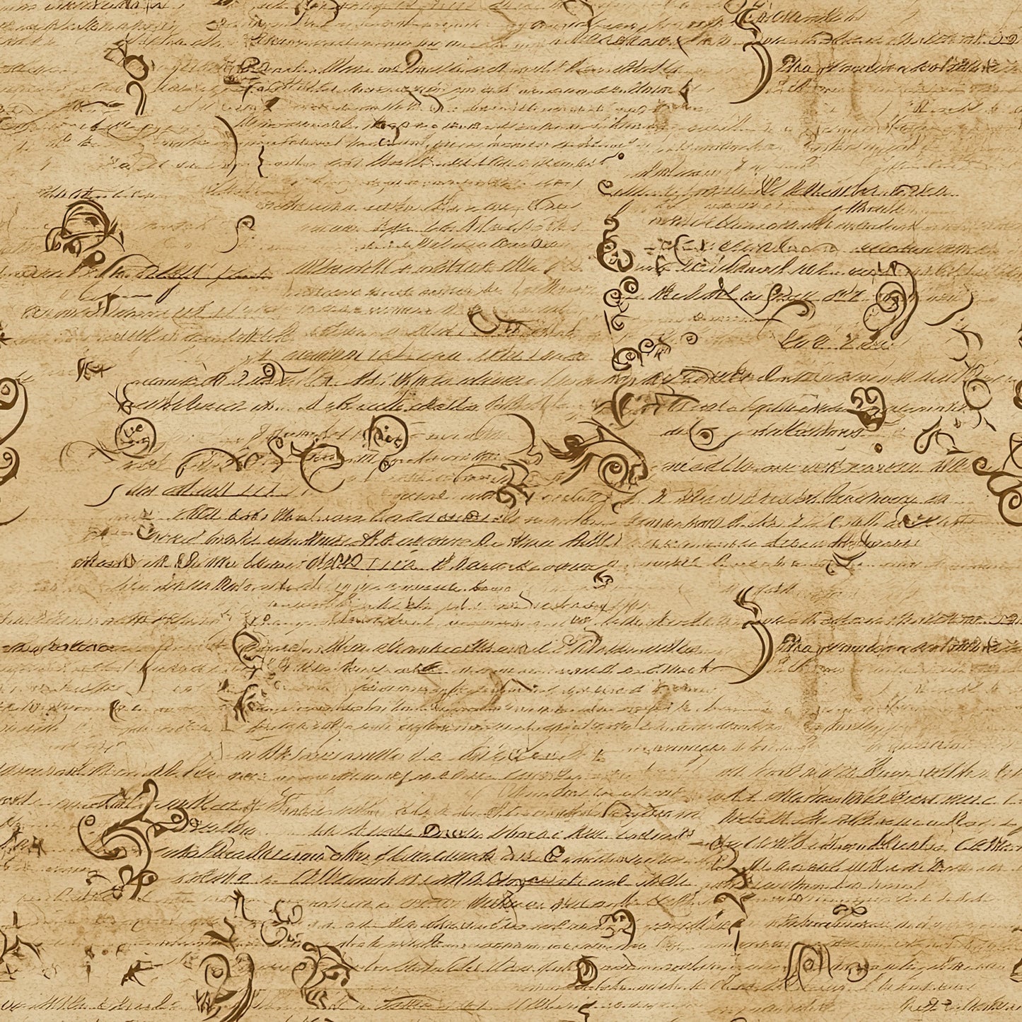beige, tan, brown, vintage script, handwritten text, ornate flourishes, decorative swirls, aged parchment, antique manuscript, cursive writing, sepia tones, old world style, quilting cotton, fabric panel, weathered appearance, historical document, calligraphy elements, distressed texture