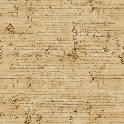 beige, tan, brown, vintage script, handwritten text, ornate flourishes, decorative swirls, aged parchment, antique manuscript, cursive writing, sepia tones, old world style, quilting cotton, fabric panel, weathered appearance, historical document, calligraphy elements, distressed texture