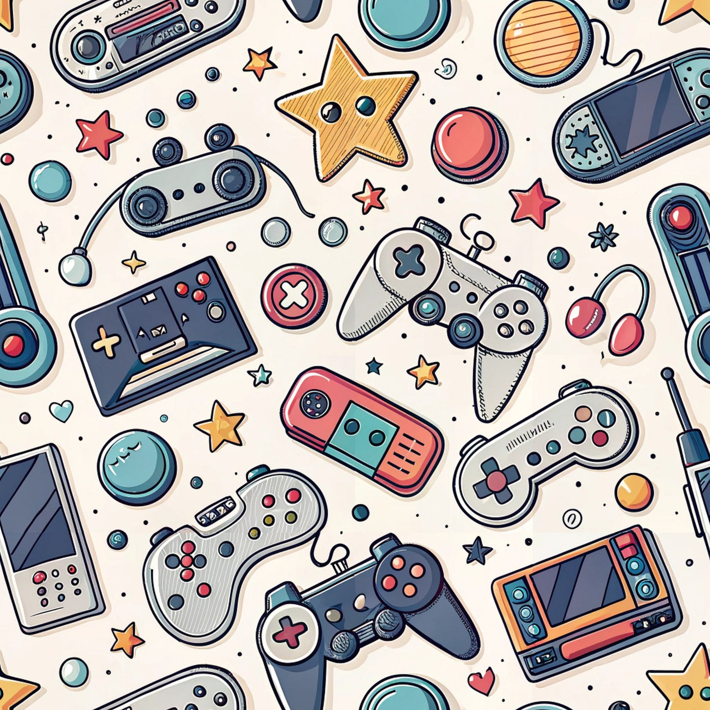 gaming controllers, retro gaming, video game pattern, coral pink, teal blue, navy blue, orange accents, yellow stars, modern illustration, cartoon style, handheld devices, gaming consoles, playful design, quilting cotton, fabric panel, geometric shapes, nostalgic gaming, colorful pattern, contemporary art, tech accessories