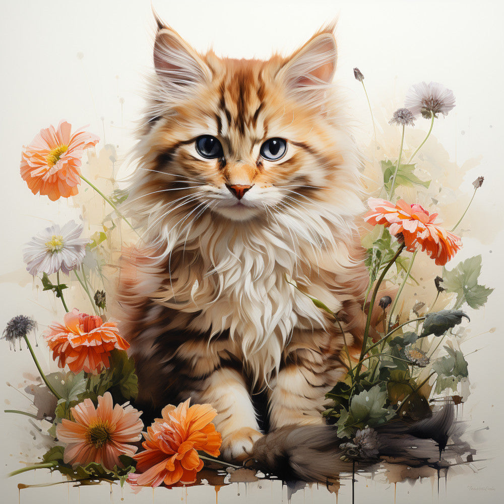 Watercolor Cats with Flowers Fabric Panel 10