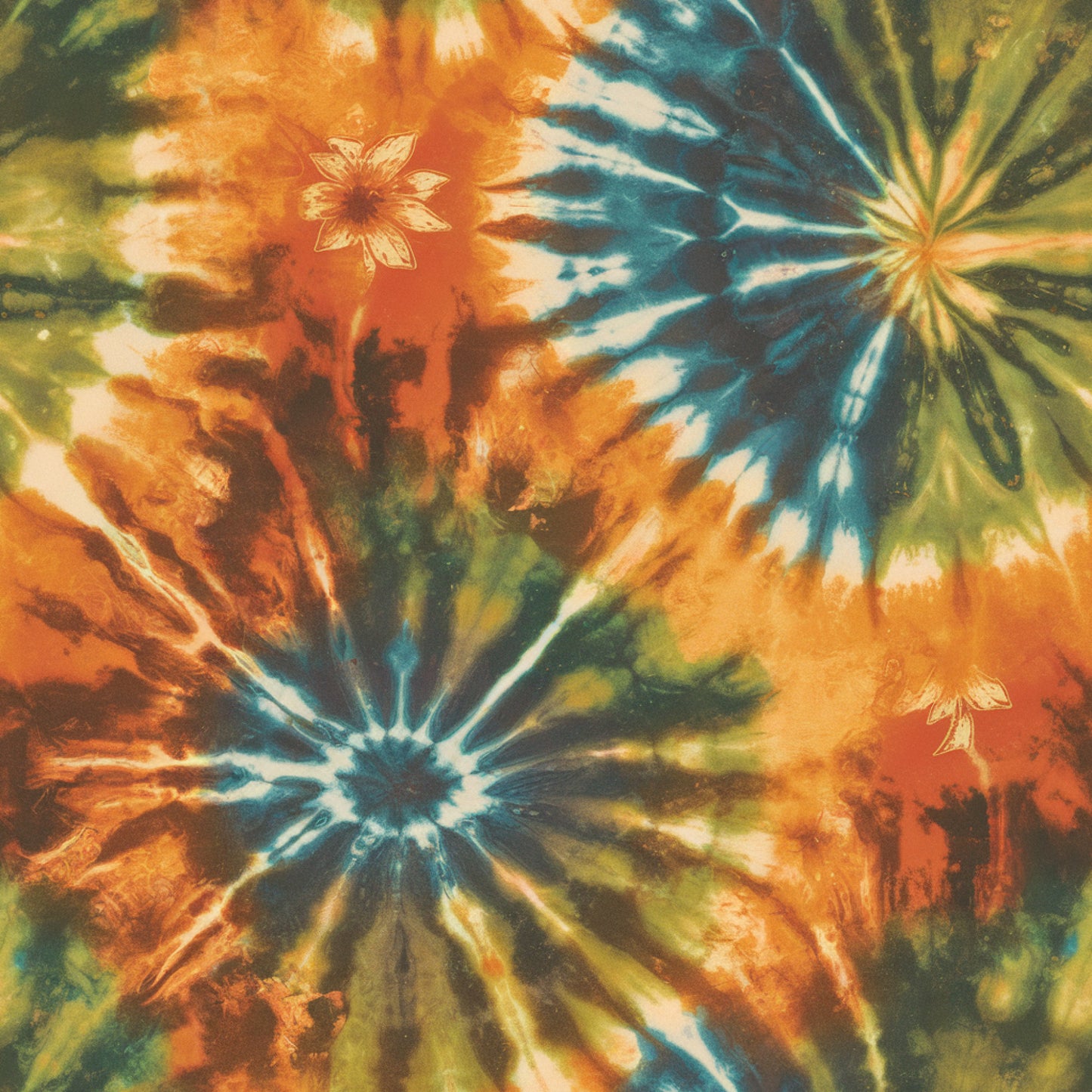 retro, tie dye, psychedelic, spiral pattern, radial design, orange, teal, green, yellow, sunburst, flower motifs, groovy, 1960s style, hippie aesthetic, quilting cotton, fabric panel, swirl pattern, bohemian, rainbow colors, abstract design