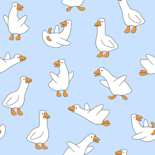 white geese, orange beaks, orange feet, light blue background, playful geese, cartoon style, whimsical pattern, quilting cotton, fabric panel, cute animals, repeating pattern, soft colors, pastel blue, goose silhouettes, cheerful design, scattered placement, simple illustration, farm animals, children's fabric, nursery theme