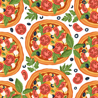 pizza pattern, red tomatoes, green basil, black olives, white mozzarella, orange crust, yellow cheese, food motif, italian cuisine, seamless repeat, quilting cotton, fabric panel, cooking theme, restaurant decor, culinary design, vibrant colors, appetizing illustration, kitchen fabric, chef pattern
