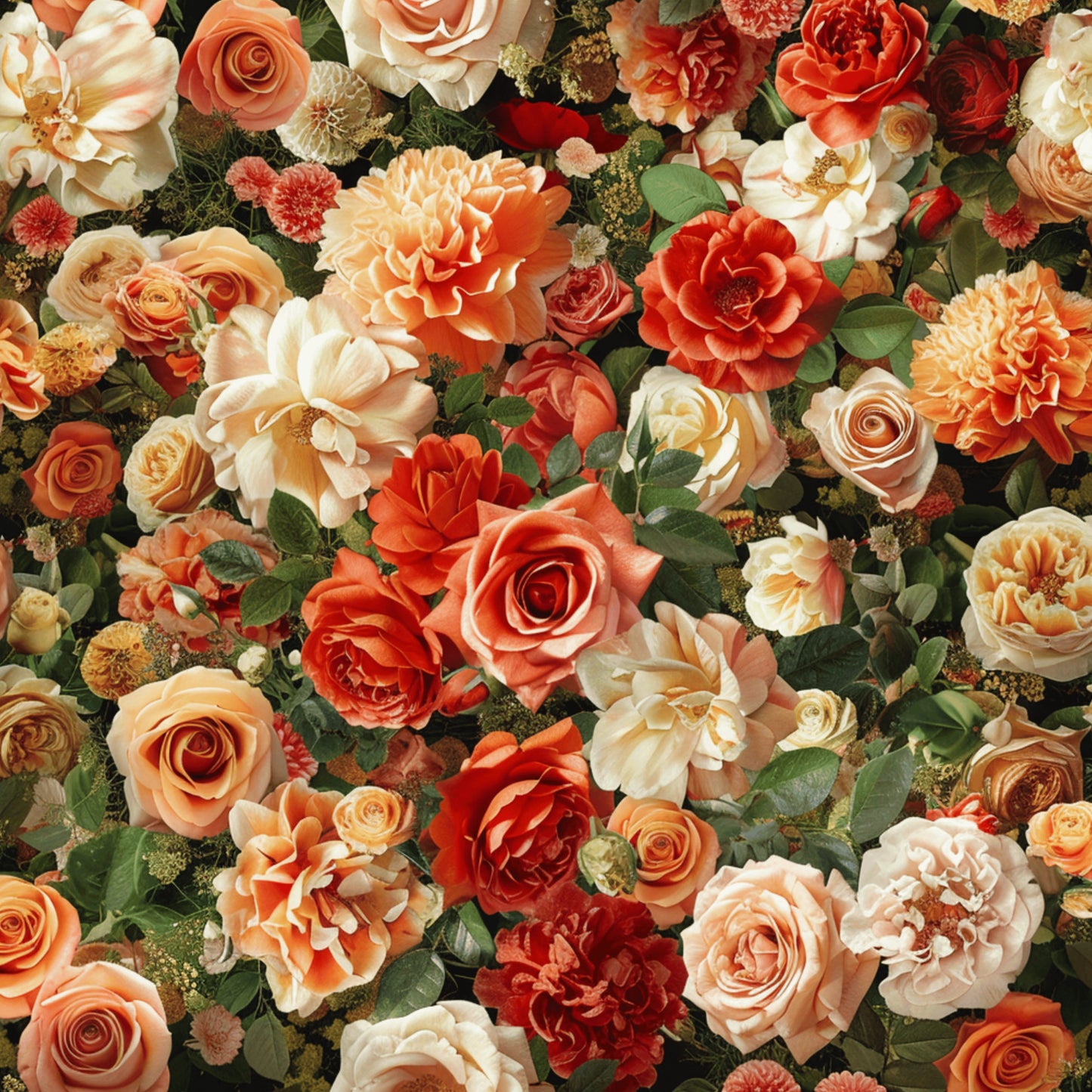 realistic flowers, floral pattern, roses, peonies, carnations, coral pink, peach, cream, burgundy, orange, warm tones, botanical design, densely packed, romantic style, quilting cotton, fabric panel, layered petals, garden flowers, autumn colors, blooming flowers