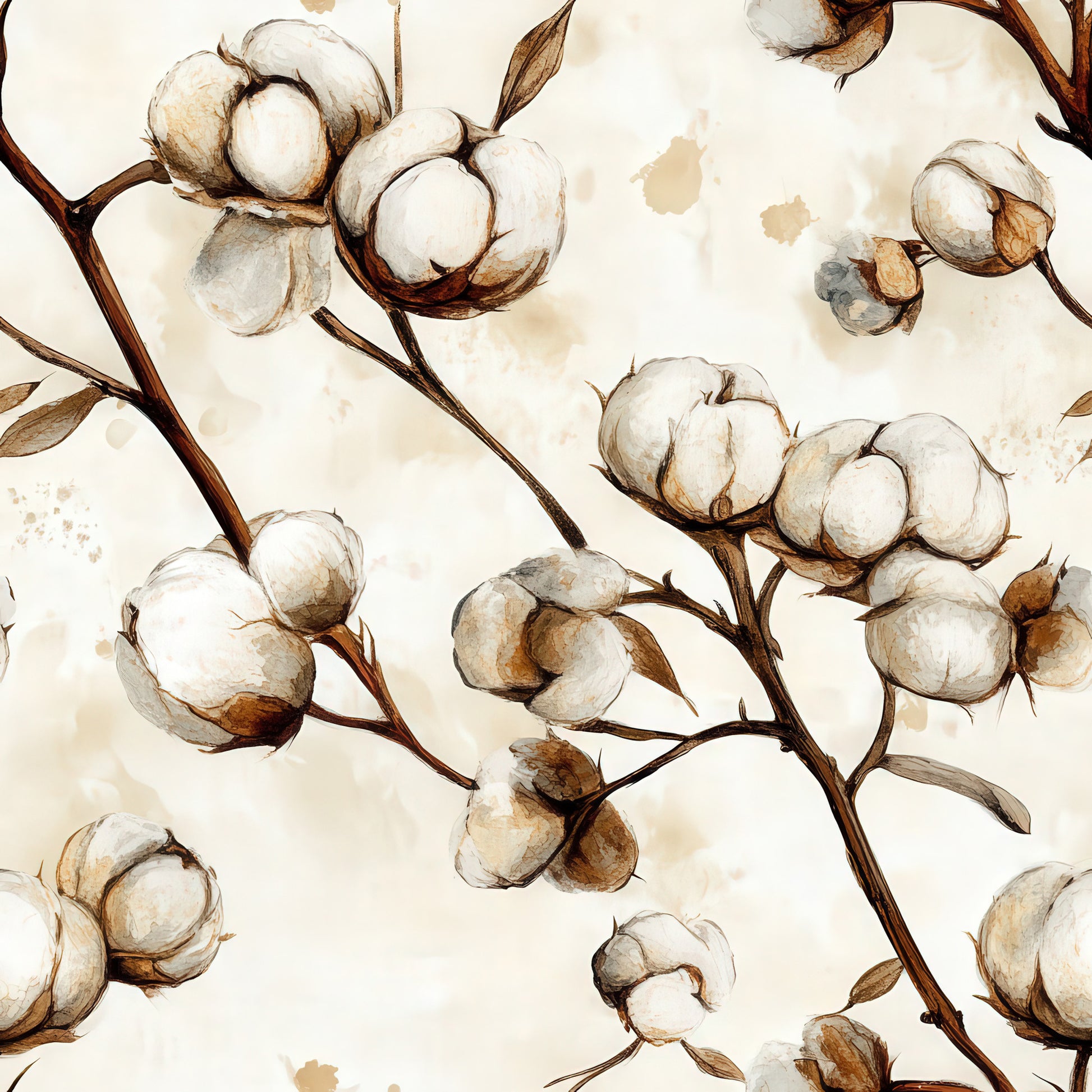 raw white, cream, beige, brown, taupe, cotton bolls, botanical pattern, watercolor style, natural fibers, branch design, organic motifs, cotton plant, farming theme, harvest imagery, quilting cotton, fabric panel, soft tones, earthy palette, agricultural design, vintage wash effect