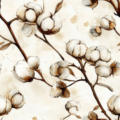 raw white, cream, beige, brown, taupe, cotton bolls, botanical pattern, watercolor style, natural fibers, branch design, organic motifs, cotton plant, farming theme, harvest imagery, quilting cotton, fabric panel, soft tones, earthy palette, agricultural design, vintage wash effect