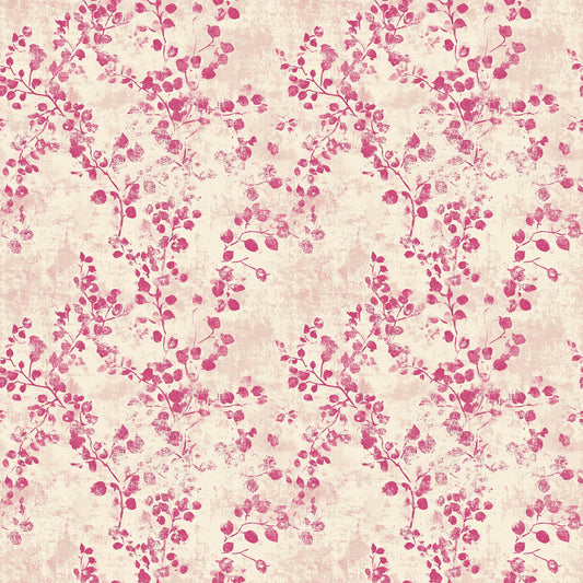 vintage pink, dusty rose, cream background, botanical pattern, leaf motifs, branch design, floral elements, distressed texture, shabby chic, romantic style, quilting cotton, fabric panel, repeating pattern, delicate branches, soft pink tones, vintage aesthetic, nature inspired, textile design, crafting material