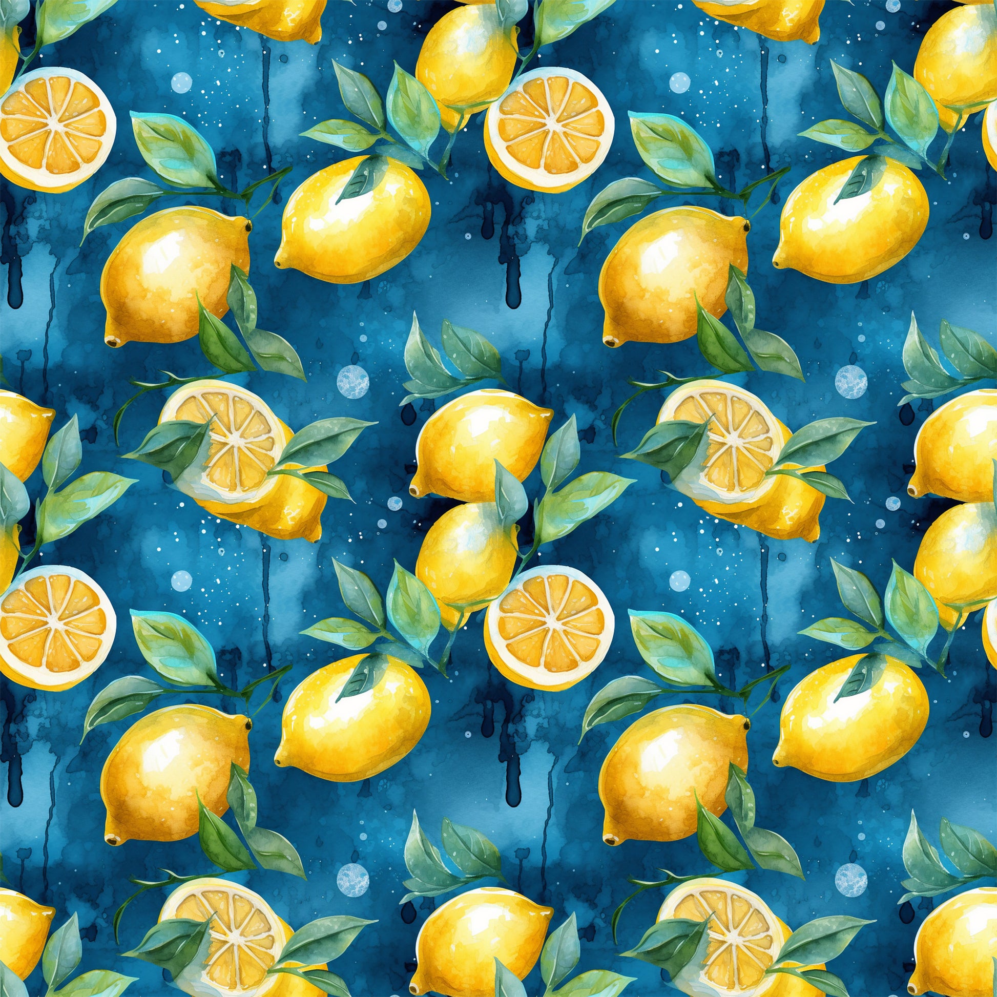 lemons, citrus fruit, yellow, blue background, green leaves, watercolor style, fruit pattern, repeating design, quilting cotton, fabric panel, fresh citrus, lemon slices, botanical elements, summer theme, bright colors, food motif, kitchen theme, geometric arrangement, tropical feel, vibrant pattern