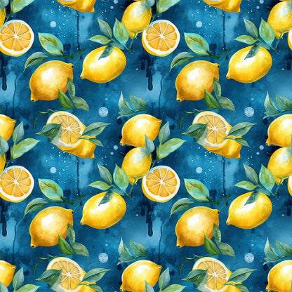 lemons, citrus fruit, yellow, blue background, green leaves, watercolor style, fruit pattern, repeating design, quilting cotton, fabric panel, fresh citrus, lemon slices, botanical elements, summer theme, bright colors, food motif, kitchen theme, geometric arrangement, tropical feel, vibrant pattern