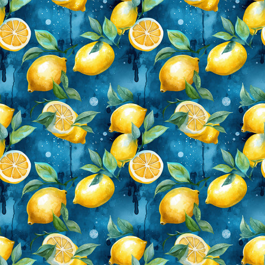 lemons, citrus fruit, yellow, blue background, green leaves, watercolor style, fruit pattern, repeating design, quilting cotton, fabric panel, fresh citrus, lemon slices, botanical elements, summer theme, bright colors, food motif, kitchen theme, geometric arrangement, tropical feel, vibrant pattern