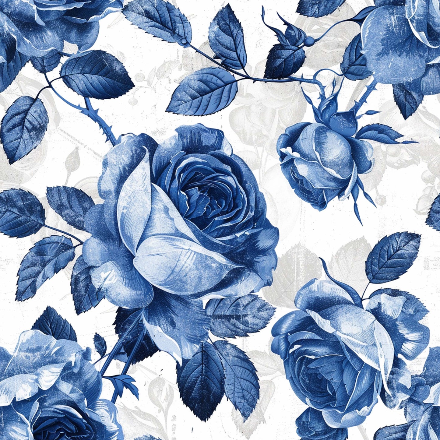 blue roses, navy blue, vintage floral, botanical pattern, rose blooms, serrated leaves, cottage style, romantic florals, monochromatic design, quilting cotton, fabric panel, watercolor effect, garden flowers, shabby chic, farmhouse style, repeating pattern, delicate petals, soft pastels