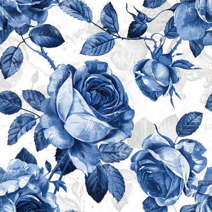 blue roses, navy blue, vintage floral, botanical pattern, rose blooms, serrated leaves, cottage style, romantic florals, monochromatic design, quilting cotton, fabric panel, watercolor effect, garden flowers, shabby chic, farmhouse style, repeating pattern, delicate petals, soft pastels