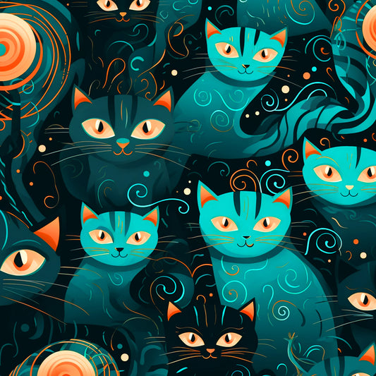 teal, turquoise, orange, black, cat faces, swirls, decorative patterns, whimsical cats, feline design, quilting cotton, fabric panel, mystical cats, ornamental swirls, cat eyes, geometric elements, artistic illustration, modern art style, playful design, repeating pattern, crafting fabric