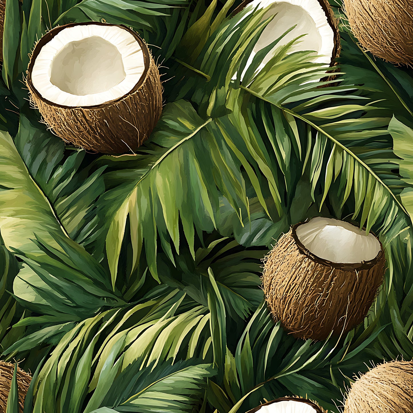 coconut, tropical leaves, palm fronds, jungle pattern, botanical design, green foliage, brown coconuts, white coconut meat, nature motif, exotic tropical, quilting cotton, fabric panel, lush greenery, island theme, paradise pattern, coconut shells, leafy background, tropical fruit, vibrant greens, natural elements