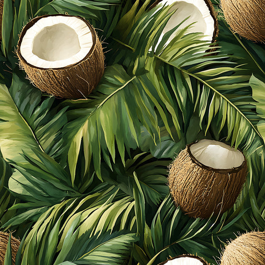 coconut, tropical leaves, palm fronds, jungle pattern, botanical design, green foliage, brown coconuts, white coconut meat, nature motif, exotic tropical, quilting cotton, fabric panel, lush greenery, island theme, paradise pattern, coconut shells, leafy background, tropical fruit, vibrant greens, natural elements