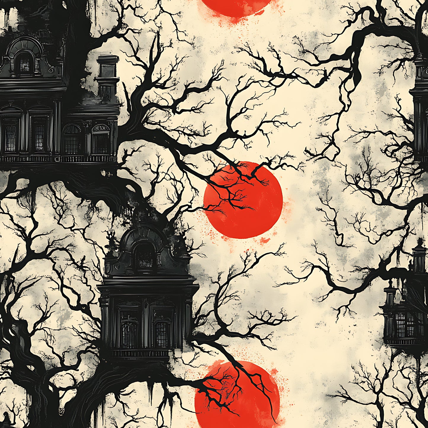 blood moon, gothic mansion, bare trees, red circle, black silhouettes, cream background, spooky architecture, haunted house, gothic windows, twisted branches, eerie atmosphere, halloween theme, horror aesthetic, quilting cotton, fabric panel, dark mood, vintage texture, creepy scene, autumn gothic, supernatural design