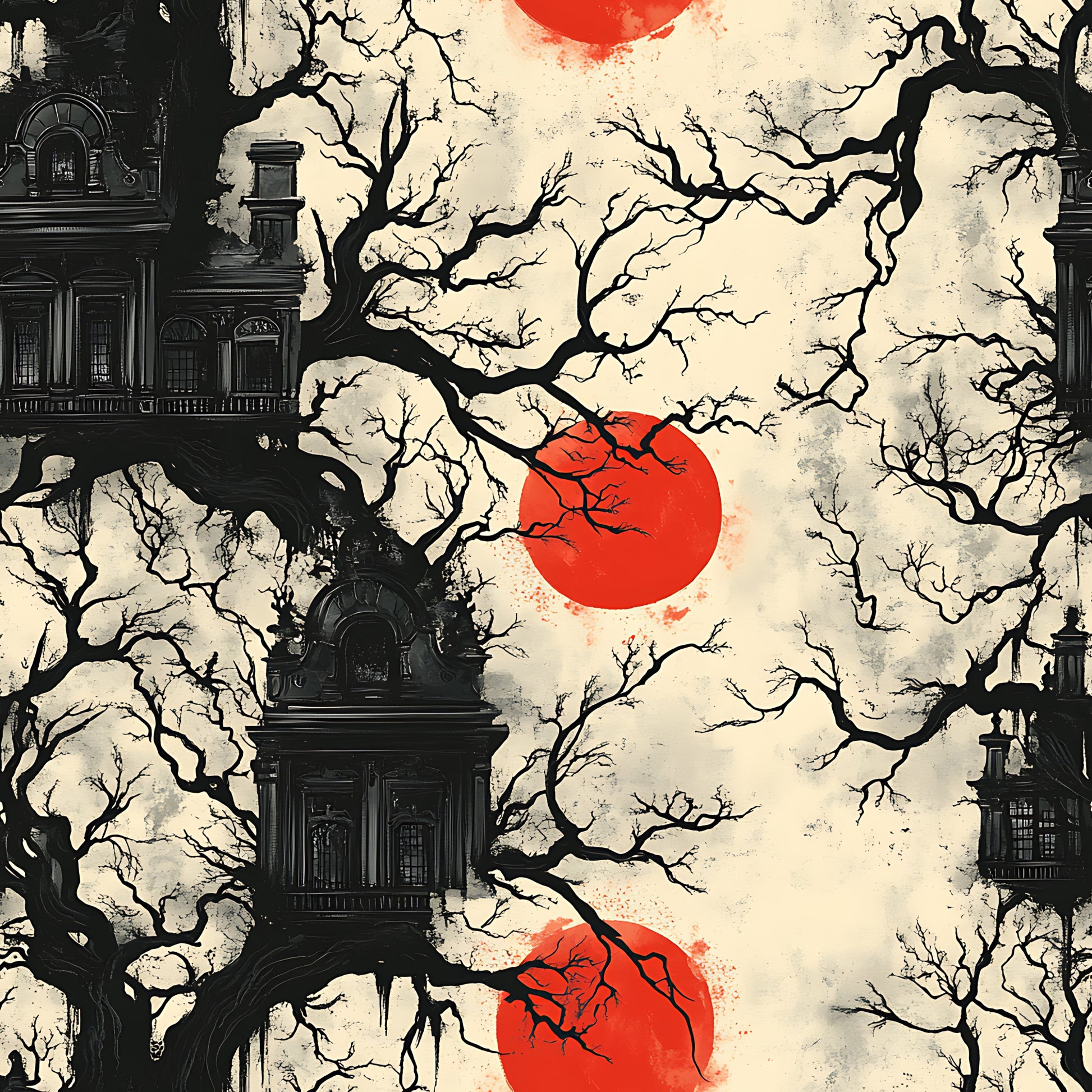 blood moon, gothic mansion, bare trees, red circle, black silhouettes, cream background, spooky architecture, haunted house, gothic windows, twisted branches, eerie atmosphere, halloween theme, horror aesthetic, quilting cotton, fabric panel, dark mood, vintage texture, creepy scene, autumn gothic, supernatural design