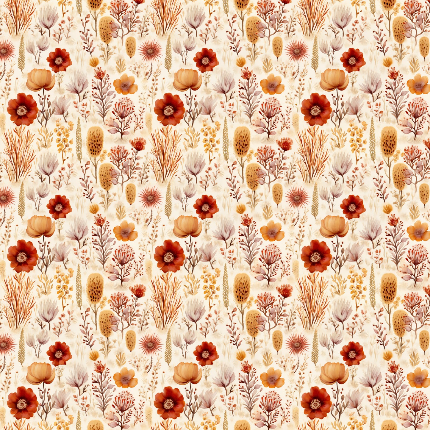 rust red, burnt orange, cream background, golden yellow, sage green, mauve purple, floral pattern, wildflowers, botanical motifs, poppies, seed pods, wheat stalks, grasses, meadow flowers, watercolor style, autumn colors, earthy tones, repeating pattern, quilting cotton, fabric panel, nature inspired, desert blooms