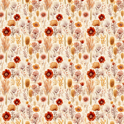 rust red, burnt orange, cream background, golden yellow, sage green, mauve purple, floral pattern, wildflowers, botanical motifs, poppies, seed pods, wheat stalks, grasses, meadow flowers, watercolor style, autumn colors, earthy tones, repeating pattern, quilting cotton, fabric panel, nature inspired, desert blooms