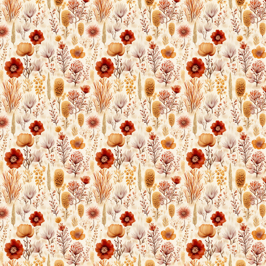 rust red, burnt orange, cream background, golden yellow, sage green, mauve purple, floral pattern, wildflowers, botanical motifs, poppies, seed pods, wheat stalks, grasses, meadow flowers, watercolor style, autumn colors, earthy tones, repeating pattern, quilting cotton, fabric panel, nature inspired, desert blooms