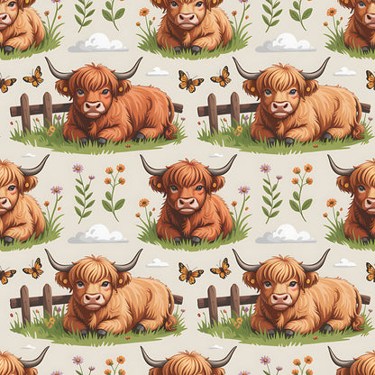 Cartoon Highland Cows Pattern 5 Quilting Cotton Fabric