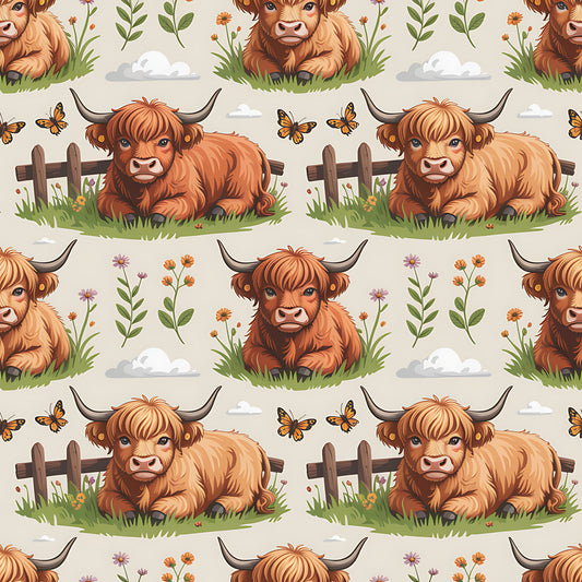 Cartoon Highland Cows Pattern 5 Quilting Cotton Fabric