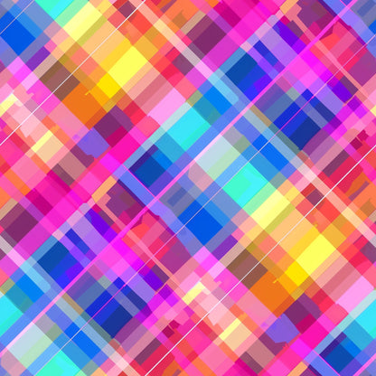 neon colors, bright pink, electric blue, vibrant yellow, cyan, magenta, geometric pattern, diagonal plaid, pixelated design, digital gingham, overlapping squares, rainbow spectrum, modern abstract, high contrast, quilting cotton, fabric panel, contemporary style, energetic mood, craft material, patchwork suitable