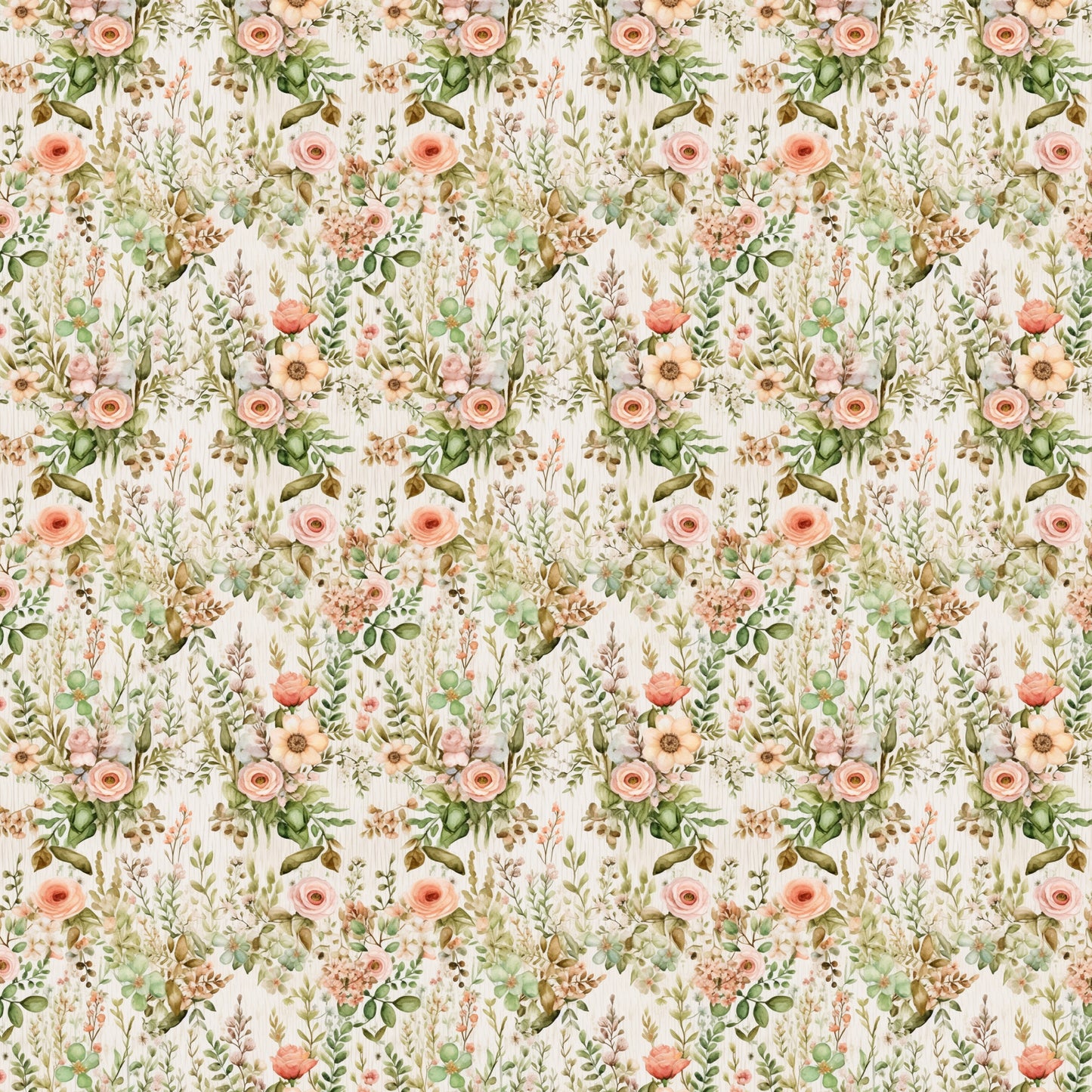 blush pink, sage green, cream background, floral pattern, roses, botanical elements, leaves, branches, repeating motif, watercolor style, vintage inspired, romantic florals, quilting cotton, fabric panel, english garden, soft pastels, delicate flowers, nature theme, seamless design, feminine aesthetic