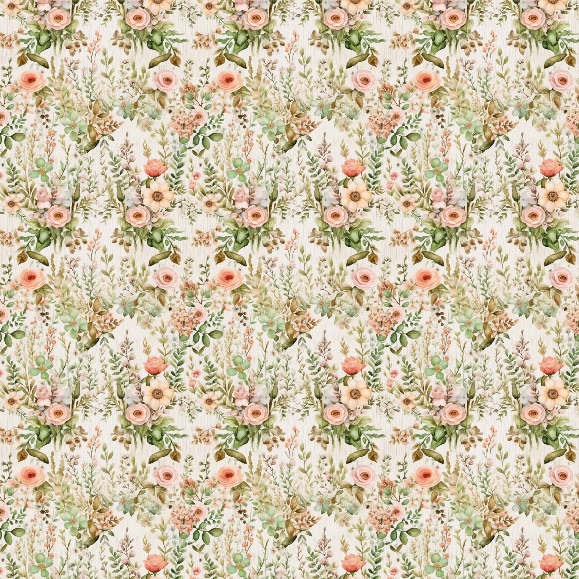 blush pink, sage green, cream background, floral pattern, roses, botanical elements, leaves, branches, repeating motif, watercolor style, vintage inspired, romantic florals, quilting cotton, fabric panel, english garden, soft pastels, delicate flowers, nature theme, seamless design, feminine aesthetic