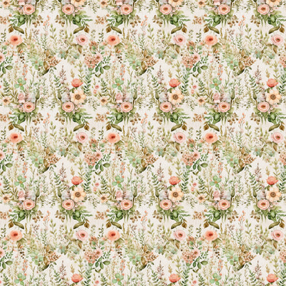 blush pink, sage green, cream background, floral pattern, roses, botanical elements, leaves, branches, repeating motif, watercolor style, vintage inspired, romantic florals, quilting cotton, fabric panel, english garden, soft pastels, delicate flowers, nature theme, seamless design, feminine aesthetic