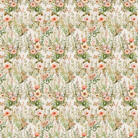 blush pink, sage green, cream background, floral pattern, roses, botanical elements, leaves, branches, repeating motif, watercolor style, vintage inspired, romantic florals, quilting cotton, fabric panel, english garden, soft pastels, delicate flowers, nature theme, seamless design, feminine aesthetic