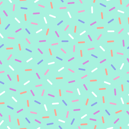 rainbow sprinkles, mint green background, colorful sprinkles, candy pattern, dessert theme, small scattered shapes, pink sprinkles, purple sprinkles, orange sprinkles, white sprinkles, quilting cotton, fabric panel, sweet treats, confetti design, bakery inspired, playful pattern, bright colors, food motif, cheerful design, scattered elements