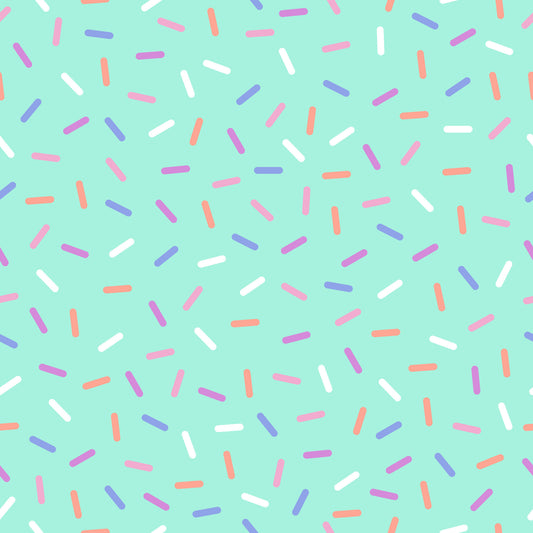 rainbow sprinkles, mint green background, colorful sprinkles, candy pattern, dessert theme, small scattered shapes, pink sprinkles, purple sprinkles, orange sprinkles, white sprinkles, quilting cotton, fabric panel, sweet treats, confetti design, bakery inspired, playful pattern, bright colors, food motif, cheerful design, scattered elements