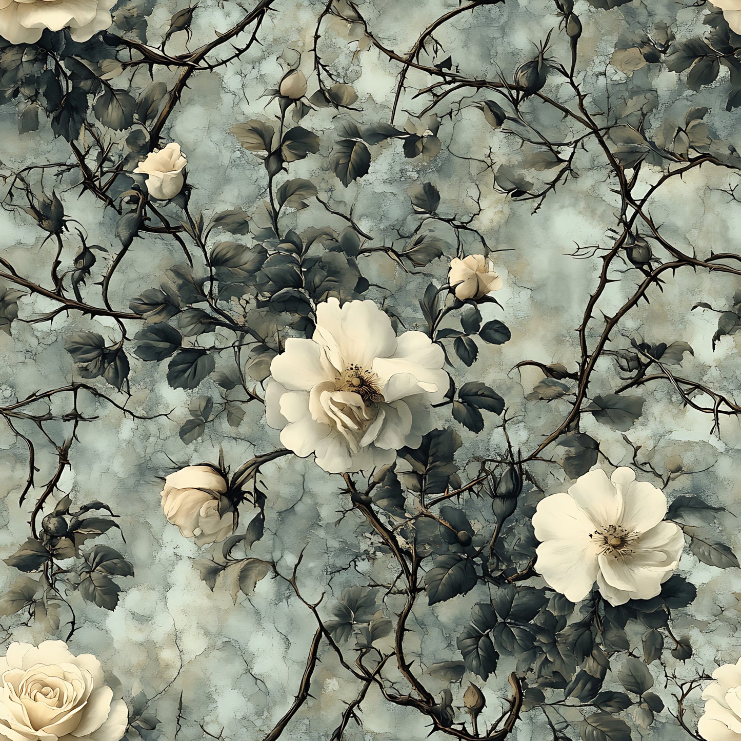 cream roses, white flowers, thorny vines, gray background, muted green leaves, botanical pattern, vintage floral, watercolor style, rose bushes, bramble roses, soft pastels, romantic florals, quilting cotton, fabric panel, dusty blue, sage green, cream petals, thorny stems, wild roses, cottage garden