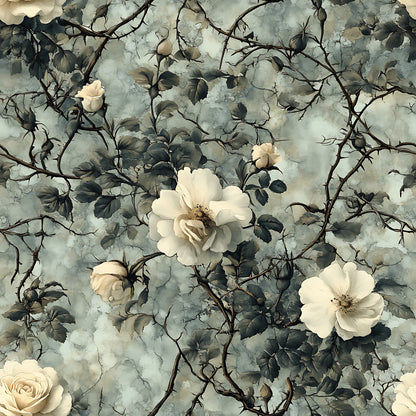 cream roses, white flowers, thorny vines, gray background, muted green leaves, botanical pattern, vintage floral, watercolor style, rose bushes, bramble roses, soft pastels, romantic florals, quilting cotton, fabric panel, dusty blue, sage green, cream petals, thorny stems, wild roses, cottage garden