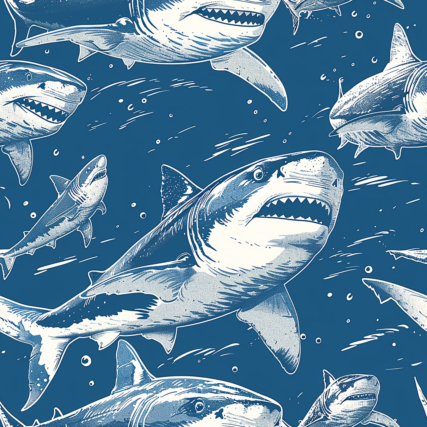 blue, navy, white, sharks, marine life, ocean, underwater, swimming, circling, repetitive pattern, sea creatures, predators, nautical, aquatic, quilting cotton, fabric panel, sketched style, illustrated, water bubbles, fins, teeth